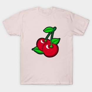 Cartoon Red Green Black Cherries Fruit Graphic T-Shirt